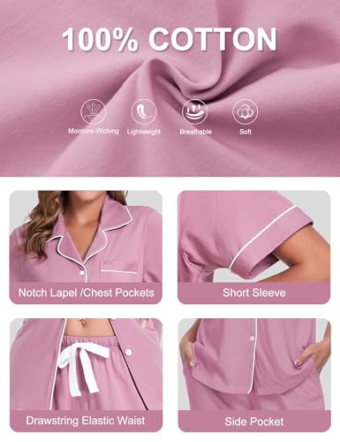 Image of COLORFULLEAF Women's 100% Cotton Pajamas Set Button Down Sleepwear Short Sleeve Shirt and Long Pants Soft Ladies Lounge Sets
