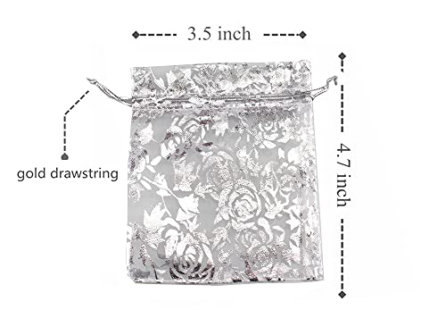 Image of 100 Pack 3.5 x 4.7 Inch Organza Jewelry Gift Pouch B921, White White Flower | Candy Pouch, Drawstring, Wedding Favor Bags