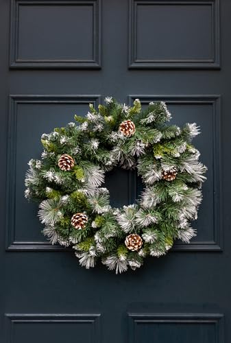 Marco Paul Christmas 58cm Luxury Wreath with Pinecones - Large Artificial Front Door Wreath with Snow Dusted Tips - Elegant Indoor and Outdoor Xmas Decoration for Home, Porch or Fireplace