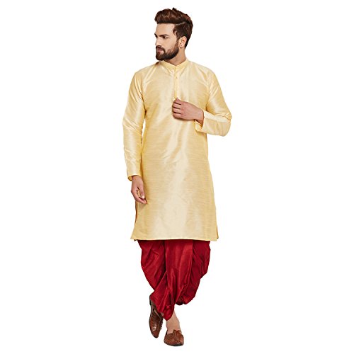Image of SOJANYA (Since 1958 Men's Off-White and Gold Dupion Silk Dhoti Kurta Set