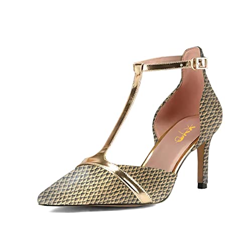 Xyd Women's Latin Dance Sandals Shoes Pointed Toe T-Strap Mid Heels D'orsay Ballroom Wedding Fancy Elegance Pumps Size 13 Gold Scale #TOP21
