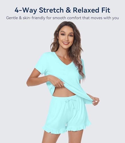 Image of WiWi Womens Pajamas Set Bamboo Viscose Super Soft Short Sleeve Top Ruffle Shorts Sleepwear Cooling Pj Sets S-XXL