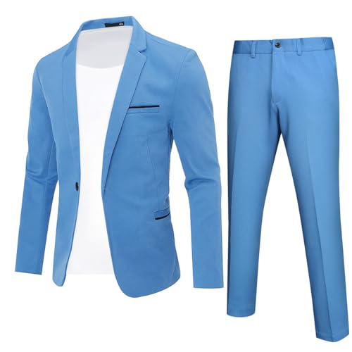 YFFUSHI Traje Hombre 2 Piezas Slim Fit 1 Botón Clásico para Ceremonia Boda Negocios Chaqueta y Pantalón, Azul Cielo, XL