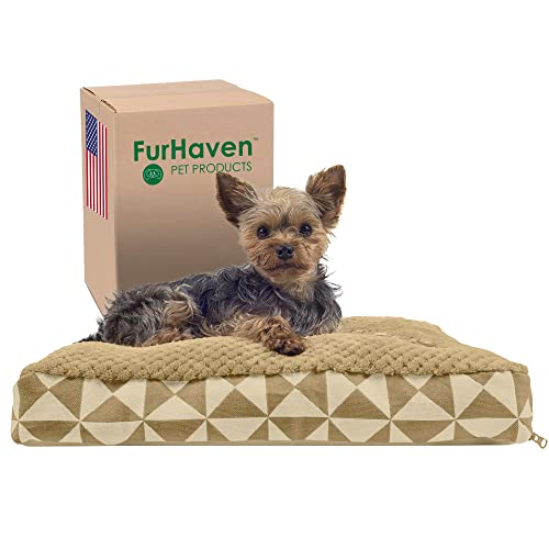 Image of Furhaven Pillow Dog Bed for Small Dogs w / Removable Washable Cover - Plush & Kilim Woven Decor Mattress - Pyramid Latte, Small