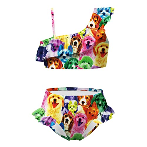Image of QPANCY Girls One Shoulder Swimsuits Kids Two Piece Bathing Suits Ruffle Beach Swimwear