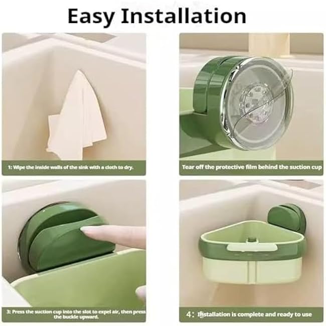 Wideous Suction Cup Sink Corner Rack, Curetoaway Sponge Holder for Kitchen Sink, Sponge Holder for Kitchen Sink with Fine Mesh Drain Hol, Triangular Sinks Basket Shelf Automatic Dumping (Green+Yellow)