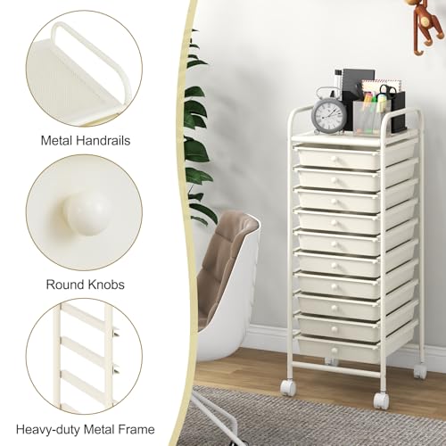 Miniatura 7 de Giantex Carro De Almacenamiento 10 Cajones, Estantería Con 4 Ruedas 2 Con Frenos , Carrito De Plástico Con Marco De Metal, Organizador Para Oficina, Cocina, Baño, 33x37x86 Cm Blanco