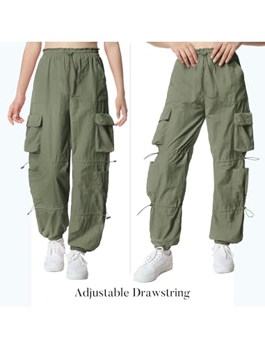 Image of EXARUS Girls Parachute Pants Cargo Hip Hop Wide Leg Baggy Y2K Teen | Tween Casual School Dance Streetwear with Pockets Elastic Waist Youth Junior Kids Bottoms Hiking 8-14Y