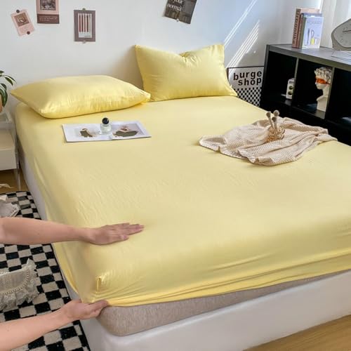 Lirzxin Juego de sábanas bajeras de 3 piezas, de algodón lavado, con dos fundas de almohada, resistente a la decoloración, fácil cuidado, color amarillo claro, 180 x 220 cm