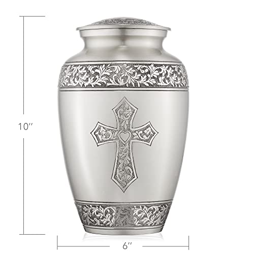 Reminded Adult Cremation Memorial Urn for Human Ashes, Pewter Etched Cross Brass Funeral Urn with Velvet Bag - Thumbnail 2