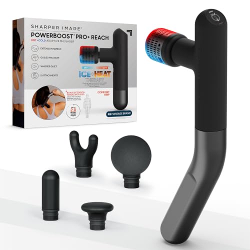 Image of Sharper Image PowerBoost Reach Massage Gun| Guided Massage Program| iOS Android Apple Watch App| Hot + Cold Therapy| Touchscreen| Extension Handle| Deep Tissue Percussion Massager| Gifts for Men Women