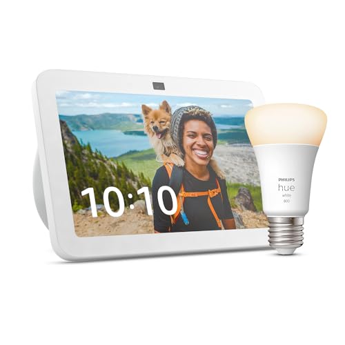 Echo Show 8 (3.ª generación) | Blanco + Philips Hue White Bombilla Inteligente (E27), compatible con Alexa – Kit de inicio de Hogar digital