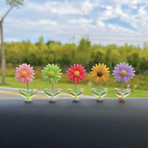 Image of Resin Car Dashboard Decor Flower (5Pcs) | Cute Mini Shaking Head Dancing Sunflowers Car Interior Decoration Accessories | Mirror Decorative Ornaments| (Multicolor)
