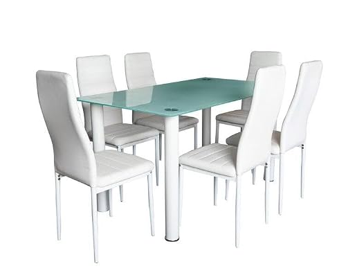 S & S Saldos y Stocks Mesa de Cristal Templado + 6 Sillas Polipiel. Comedor o Cocina, Blanco