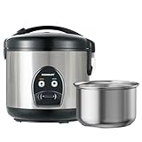 MOOSUM Electric Rice Cooker with One Touch for Asian Japanese Sushi Rice, 5-Cup Uncooked with Stainless Steel Inner Pot, Removable Inner Cover and Steamer, Silver