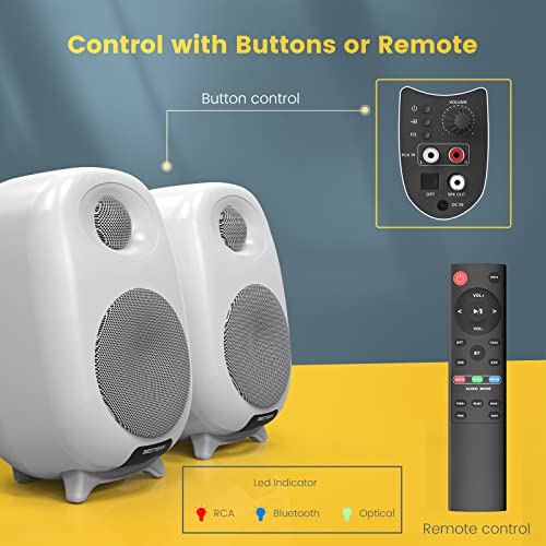 Bestisan Powered Bookshelf Speakers, 50W Bluetooth Computer Gaming Speakers For Pc/Desktop/Laptop/Tv/Record Palyer/Turntable, Rca/Optical Inputs, (Pair, Remote Control, White) #TOP5
