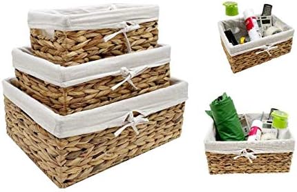 Woven Natural Water Hyacinth Rectangular Storage basket With Lining Small 28 x 18 x 12 cm