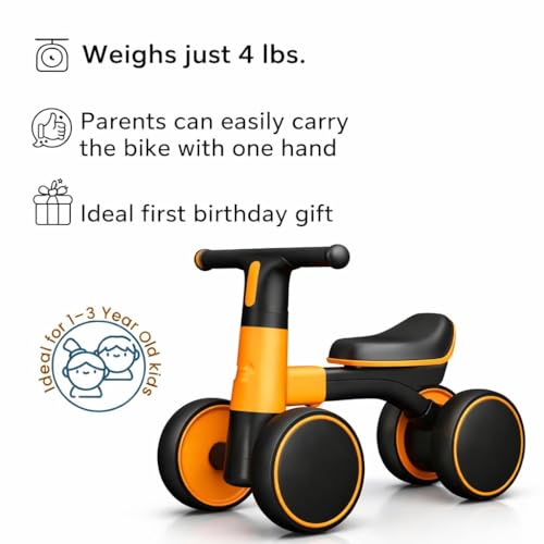 Image of Kids Baby Balance Bike for 1-2 Years Old Boys and Girls, Toddler Best First Birthday Gift | Toddler First Bike with 4-Wheel Stability | No Pedal Ride-On Toy for Indoor & Outdoor Game (Orenge)