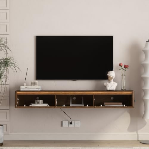 Floating TV Stand Wall Mounted Media Console with LED Light Strip & Power Outlet, Modern Wooden TV Shelf with 3 Power Sockets & 2 USB Ports, Wall Hanging TV Cabinet with Storage for Living Room,
