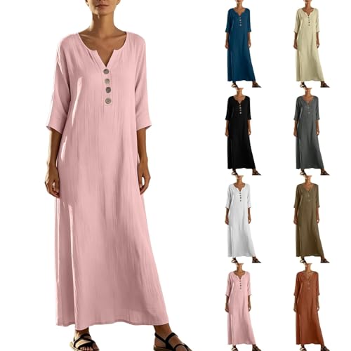 Image of Zeiayuas Maxi Dress for Women UK 3/4 Sleeve V Neck Button Dresses Elegant Office Work Long Dresses Ladies Oversized Tunic Baggy Casual Maxi Dress Floaty Summer 3Sundress Pink