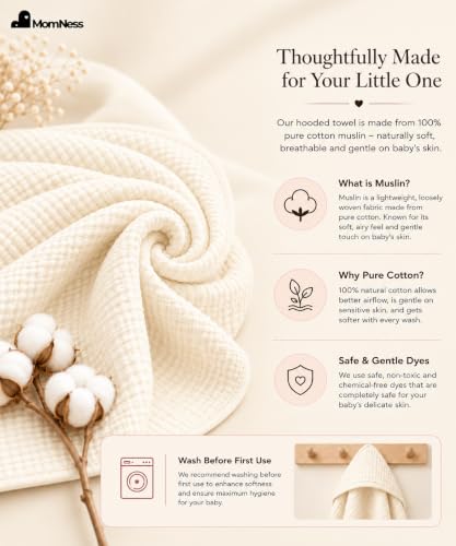 Image of Baby Hooded Bath Towel 100% Cotton Muslin 76x76 cm, 0-3Y, Newborn | Breathable, Lightweight,100% Muslin Cotton