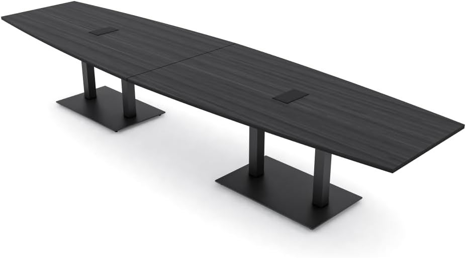 14 Ft Boat Shaped Conference Table with Power & Data | Matte Black Square Metal Bases | Harmony Series Modular Conference | Scratch-Resistant, Durable & Easy to Assemble | Asian Night – 14FT