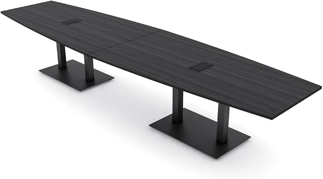 14 Ft Boat Shaped Conference Table with Power & Data | Matte Black Square Metal Bases | Harmony Series Modular Conference | Scratch-Resistant, Durable & Easy to Assemble | Asian Night 14FT