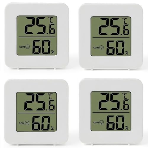 Luftfeuchtigkeit Meter,Hygrometer mit Smiley-Indikator Gauge,Digitales Mini LCD Thermometer,Thermometer Hygrometer für Babyzimmer Wohnzimmer Büro Gewächshaus,Weiß,4 Stück
