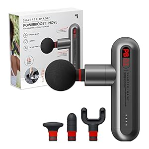 Sharper Image Deep Tissue Portable Percussion Massage Gun, Powerboost Move Full Body, Back & Neck Muscle Massager with 4 Attachments – Handheld Rechargeable Electric Massage Gun for Athletes