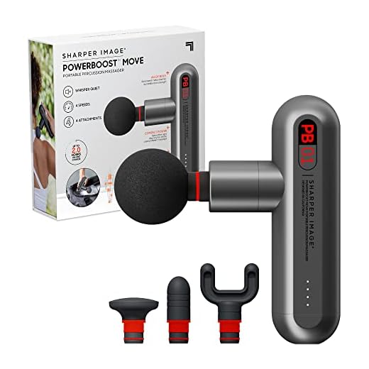 Sharper Image Deep Tissue Portable Percussion Massage Gun, Powerboost Move Full Body, Back & Neck Muscle Massager with 4 Attachment Heads - Handheld Rechargeable Electric Massage Gun for Athletes