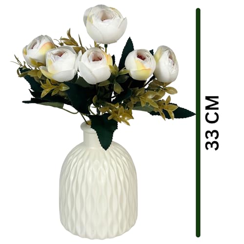 Image of Dekorly Artificial Peony Flowers Bunch | White Vase with Flowers Bunch | Artificial Plants for Home Office Hotel Decor | Bedroom Living Room Bathroom Decor (White, Height : 30CM)