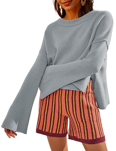 Image of Womens Lightweight Sweaters Crewneck Bell-Style Sleeve Batwing Knit Tops Slouchy Soft Pullover Jumpers(Grey02-X-Small)