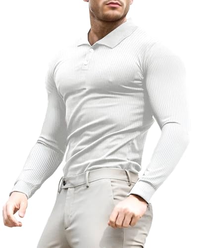 Lehmanlin Men's Muscle Polo Shirts Long Sleeve Casual T- Shirts Slim Fit Stretch Ribbed Golf Tops（White/M）