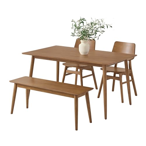 Alaterre Furniture Calais 4 Piece Dining Table Set for 4 with Chairs and Bench - 59” Solid Wood Kitchen Table, Bench, and 2 Chairs - Mid Century Modern Furniture for Dining Room or Kitchen (Pecan)