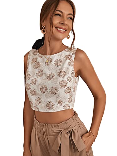 Floerns Women's Boho Sleeveless Backless Tie Back Allover Print Crop Tank Tops Off White L #TOP3