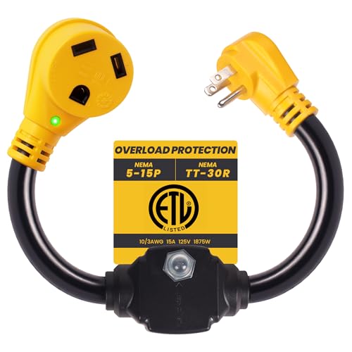 RV 30 Amp to 110 Adapter with Overload Protector Circuit Breaker 30 Amp to 15 Amp / 20 Amp Household Adapter NEMA 5-15P to NEMA TT-30R RV Plug with LED Power Indicator ETL Listed