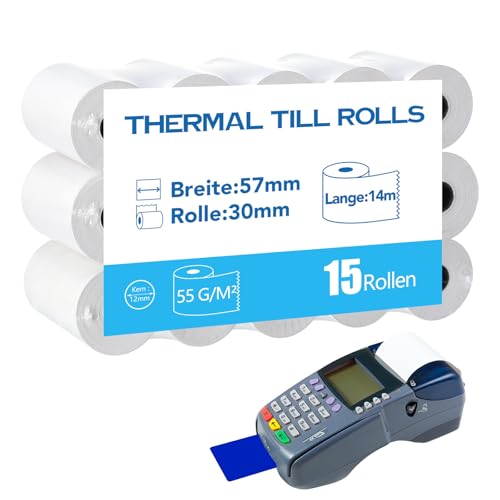 Yoosso 15 Rollen EC Rollen Thermopapier, 57mm x 14mx 12mm Kassenrollen Bondrucker Bonrollen Nachfülldruckpapier für Kartenlesegeräte Sofortbildkameras