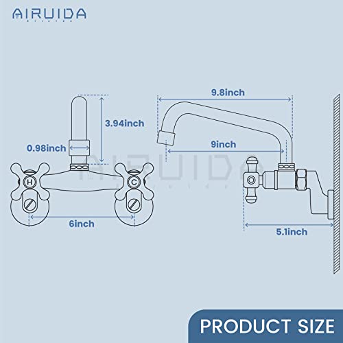 Airuida Brushed Nickel Wall Mount Kitchen Faucet 9 Inch Spout Reach Wall Mount Laundry Sink Faucet Adjustable Center Double Cross Handles Mixer Tap 360 Rotatable Restaurant Faucet #TOP5