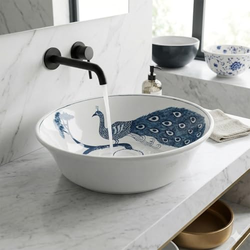 Image of BASSINO 16x16x5 Inches Table Top Washbasin /Premium White-Blue Ceramic Wash Basin /Designer Basin for Bathroom,Home,Hotel /Round Shape Sink with Peacock Design /Wash Basin for Living Room(Glossy)