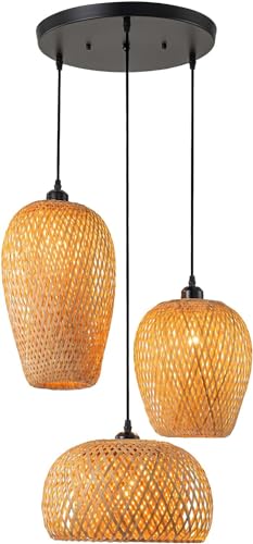 DoungRos Rustic Rattan Pendant Light Fixture 3-Lights Farmhouse Bamboo Pendant