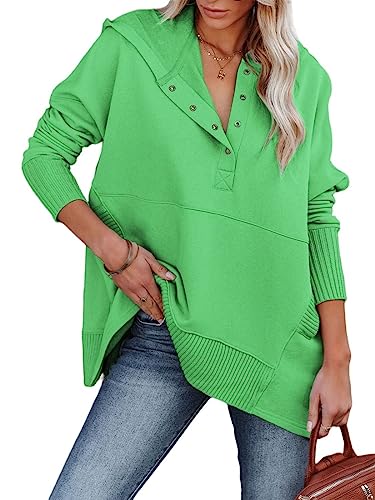Zwurew Women Casual Henley Hoodie Pullover V Neck Oversize Sweatshirt With Pocket Green #TOP22