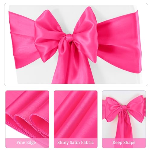 Pesonlook 50Pcs Satin Chair Sashes Ties, Hot Pink Satin Chair Sashes Bows Chair Cover Back Tie Supplies for Wedding Reception Events Banquets Party, Hotel Event, Chairs Decoration