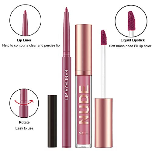 Rosarden Matte Lipstick Lip Liner Set, 2Pcs Cream Nude Mauve Long Lasting Waterproof Lipliner Pencil & Plumper Lip Gloss, Retractable Lip Liner And Liquid Lipstick For Women Girls Lip Makeup #TOP1