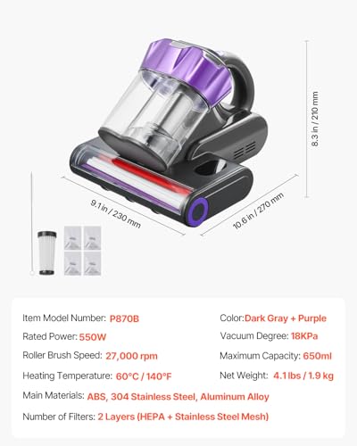 Image of VEVOR Mattress Vacuum Cleaner, 550W Bed Vacuum Cleaner with 18Kpa Powerful Suction and Dual Dust Bin, HEPA Filter & Heating, Ultrasound Tech & Cleaning Lights, Handheld for Bed, Sofa, Corded, Gray