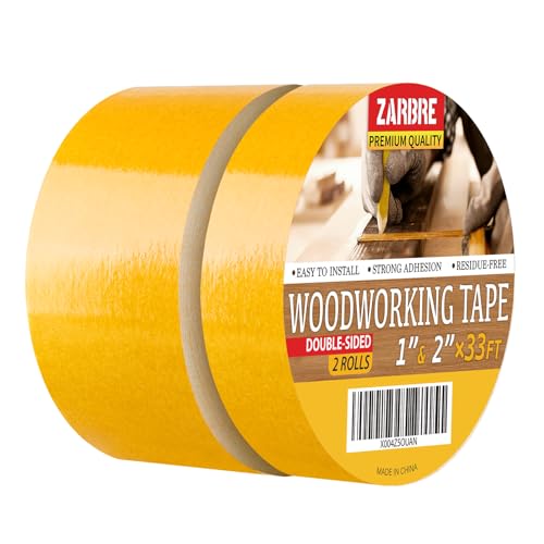 ZARBRE Double Sided Woodworking Tape 1 & 2 Inch x 33 FT 2 Rolls Residue-Free Removable Strong Double Sided Tape for Woodworking Double Sided Masking Tape for Wood Template Edge Banding Anchoring