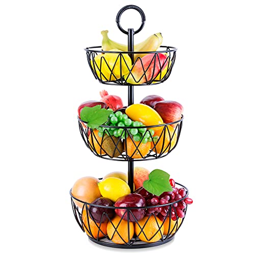 3 Tier Fruit Basket - ESEOE Fruits Bowl Storage Vegetable Baskets Stand Metal Fruit Holder for Kitchen Countertop Big Black Fruit Display