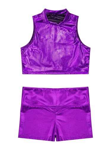 Kids Girls 2pcs Shiny Metallic Gymnastics Dance Tracksuit Sleeveless Mock Neck Crop Top Vest And Boy Shorts Set Purple 10 Years3