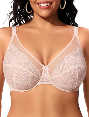 Image of ProKloud Minimizer Bras for Women Full Coverage Supportive Plus Size Unlined Lace Underwire Bra Dusty Peach