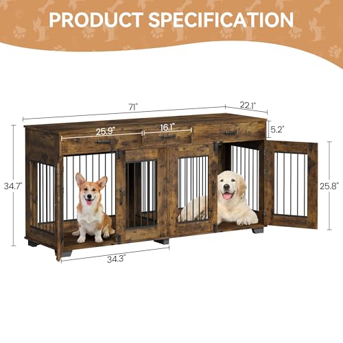 Dog Crate Furniture for 2 Dogs, 71'' XXL Indoor Dog Kennel with 3 Drawers and Removable Room Divider, Wooden Double Dog Crate TV Stand End Table with Double Doors for Large Medium Dogs, Rustic Brown