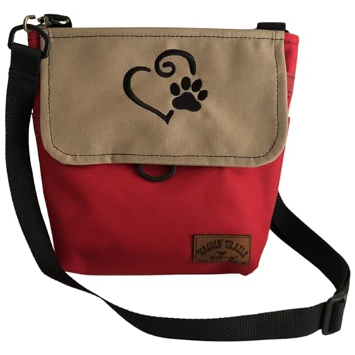 Waggin Trails WoofPack Dog Walking Bag HandsFree Crossbody Fanny Pack & Leash Clip OdorControlled Poop Bag Holder with Storage for Treats Phone & Keys Red/Tan